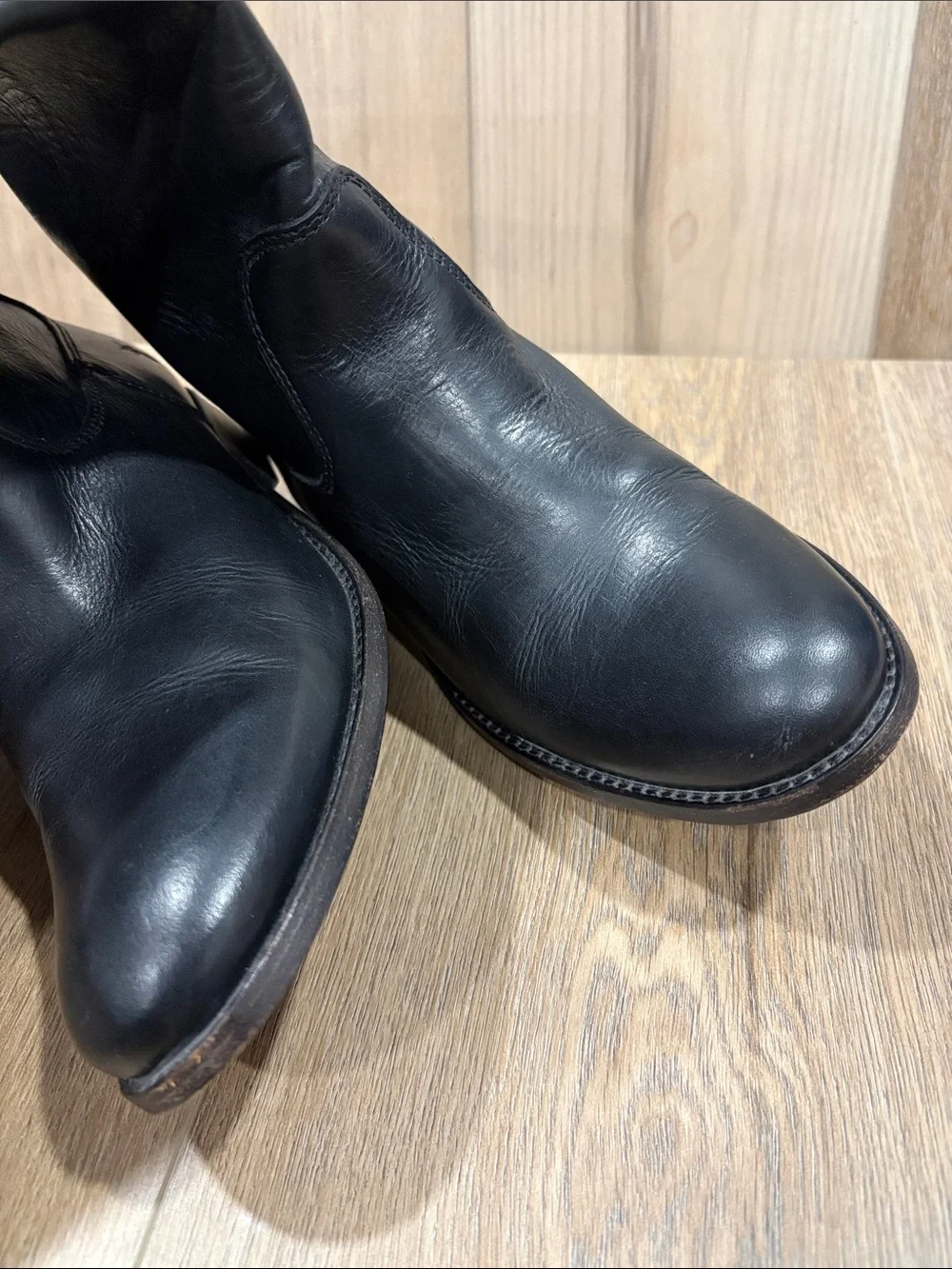 Frye Melissa Two Tone Logo Black Brown Leather Pull-On English Riding Boots 8B